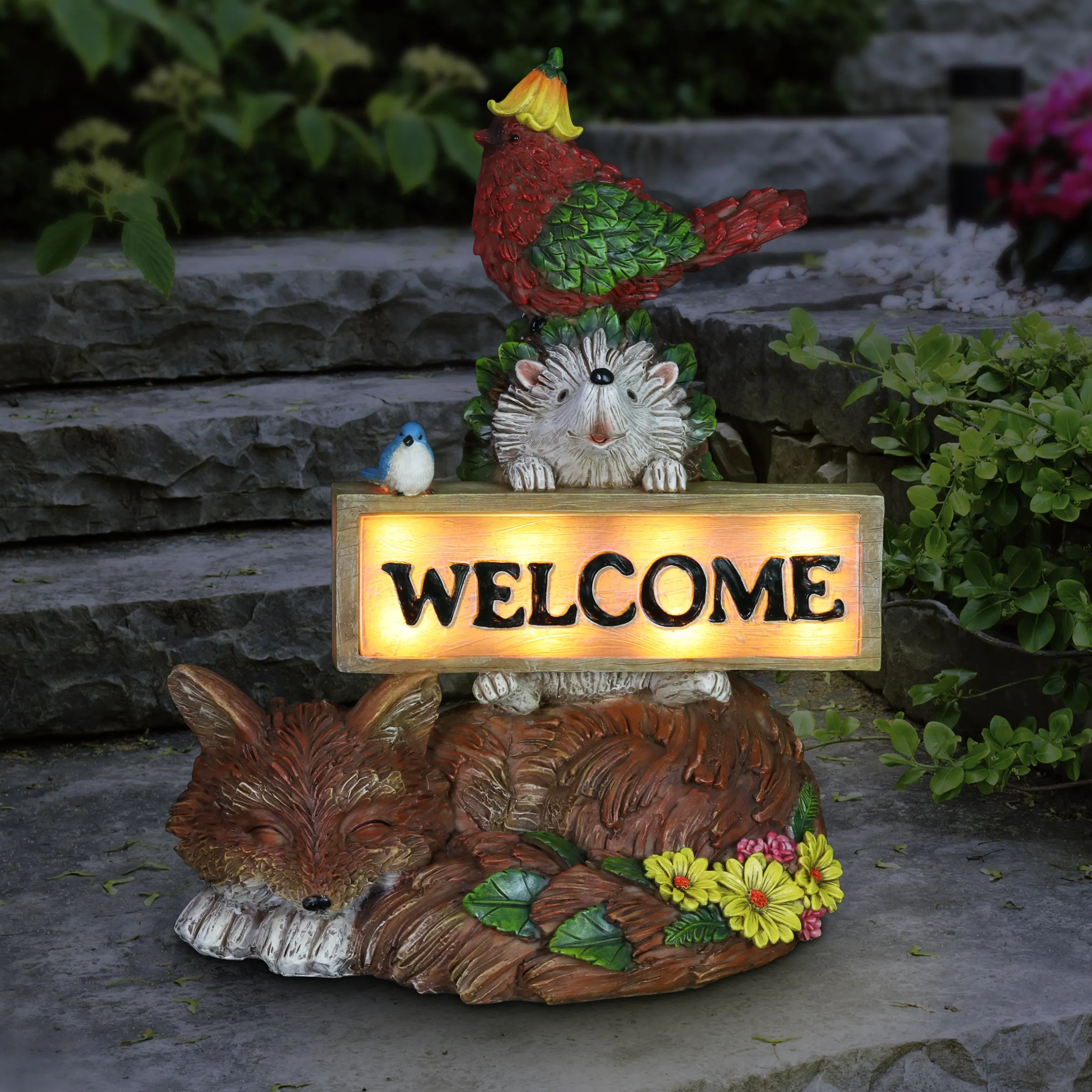 Solar Bird, Fox and Hedgehog with Welcome Sign Garden Statuary, 13 Inch