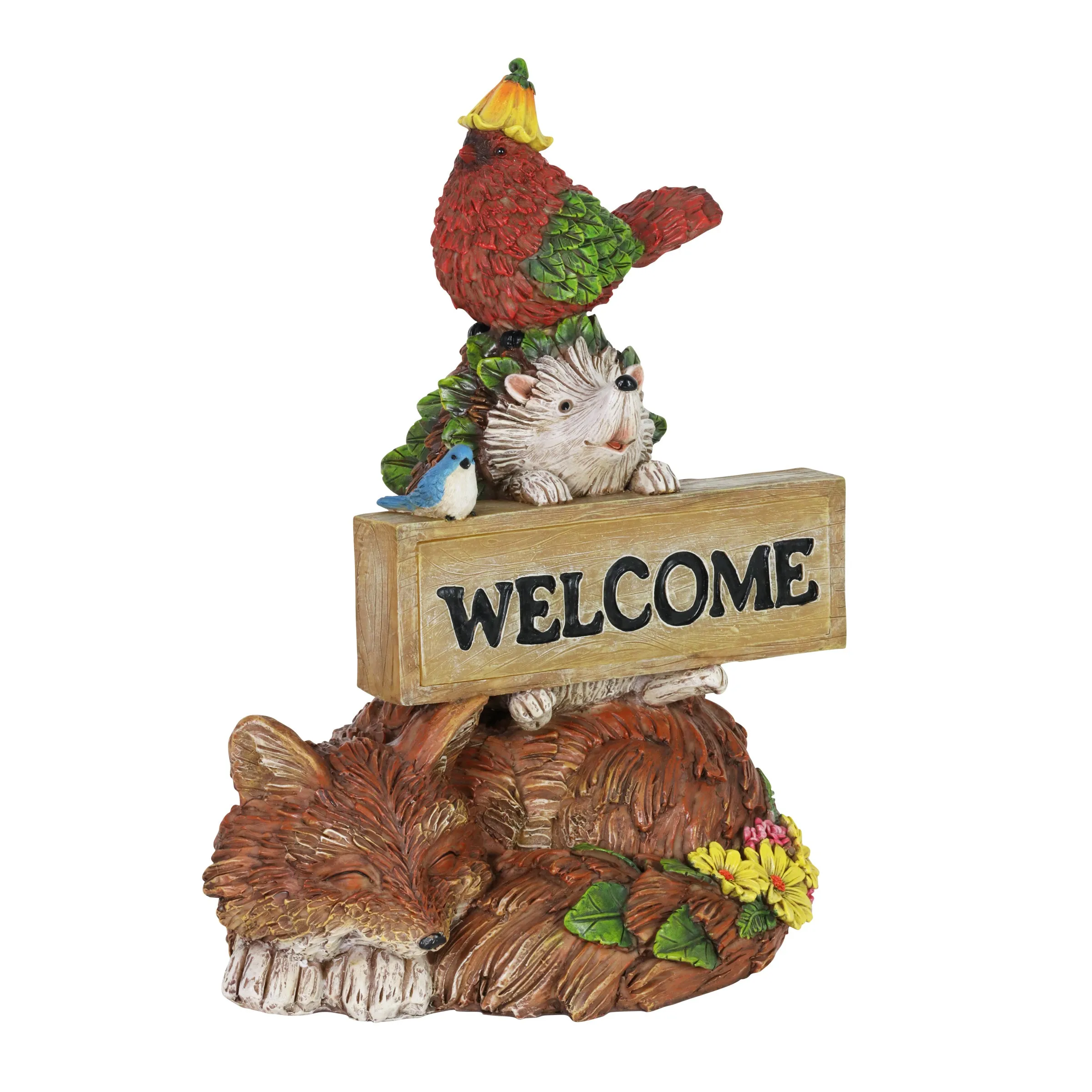 Solar Bird, Fox and Hedgehog with Welcome Sign Garden Statuary, 13 Inch