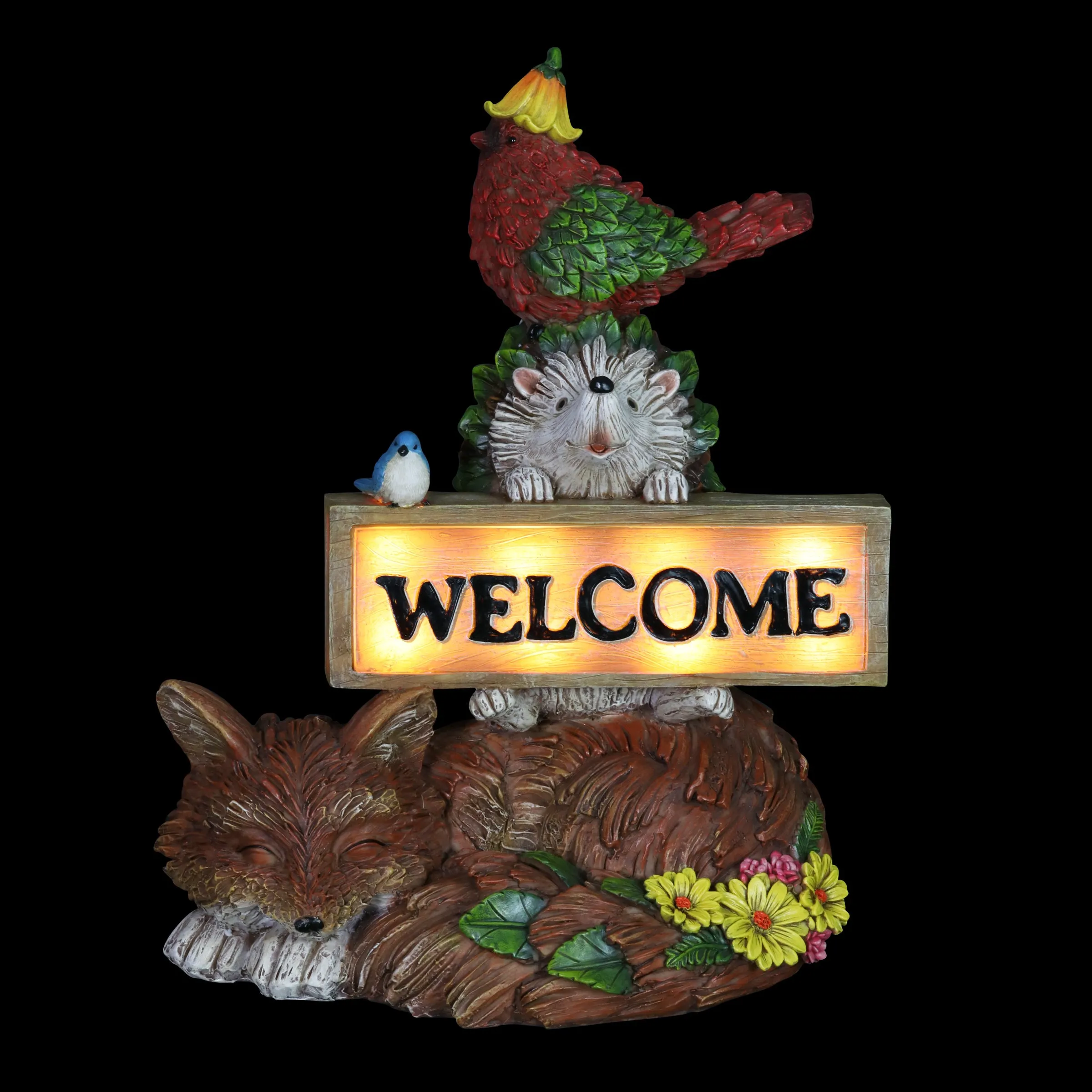 Solar Bird, Fox and Hedgehog with Welcome Sign Garden Statuary, 13 Inch