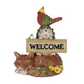 Solar Bird, Fox and Hedgehog with Welcome Sign Garden Statuary, 13 Inch