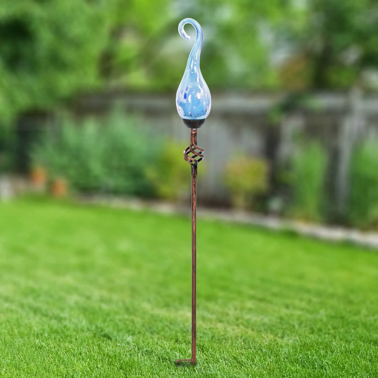 Solar Pearlized Glass Spiral Flame Garden Stake with Metal Finial Detail in Light Blue, 36 Inch