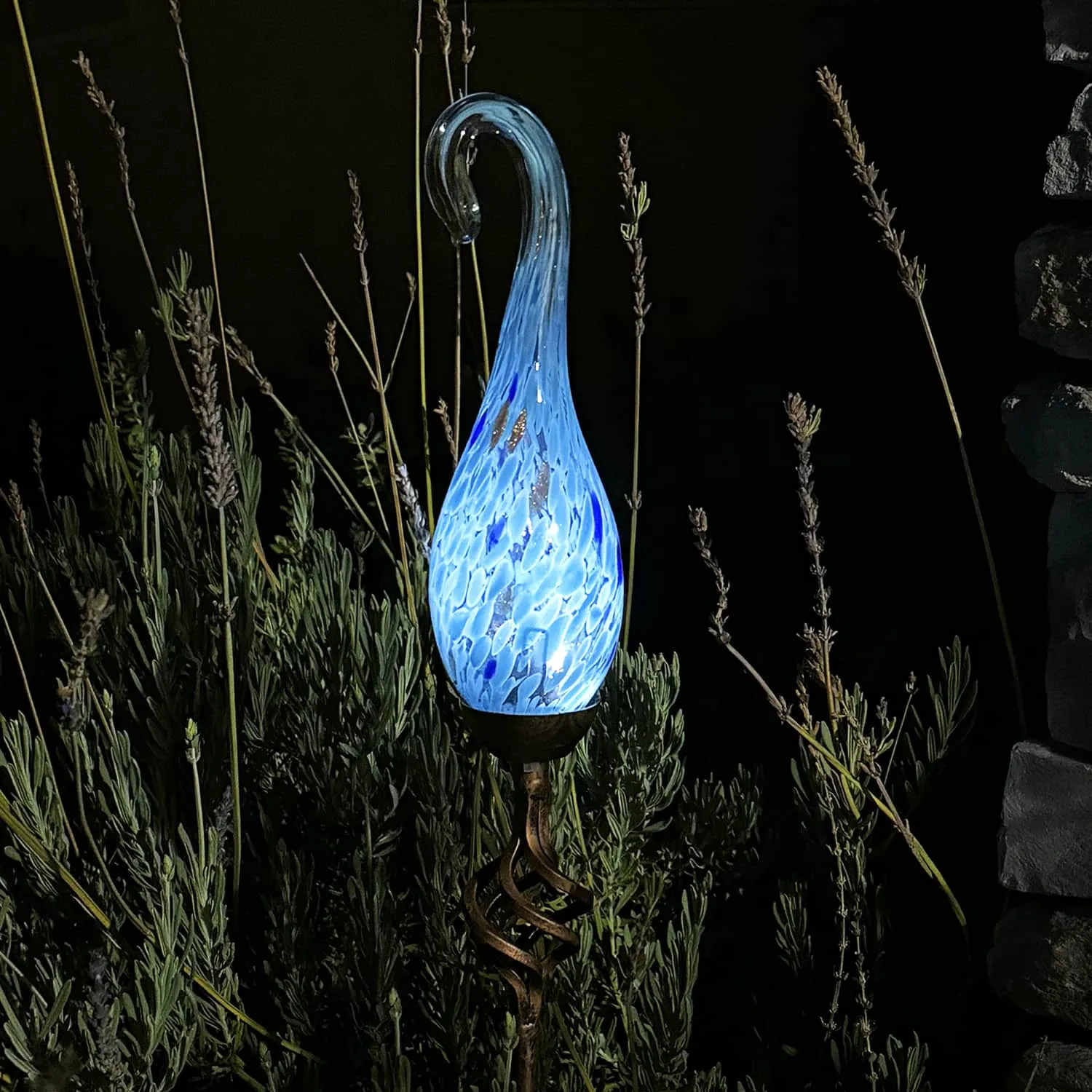 Solar Pearlized Glass Spiral Flame Garden Stake with Metal Finial Detail in Light Blue, 36 Inch