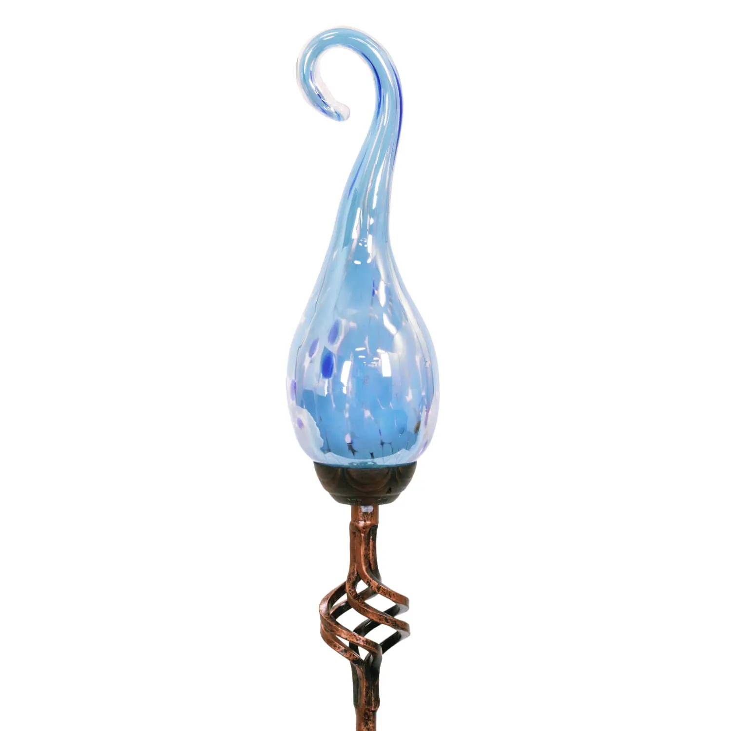 Solar Pearlized Glass Spiral Flame Garden Stake with Metal Finial Detail in Light Blue, 36 Inch