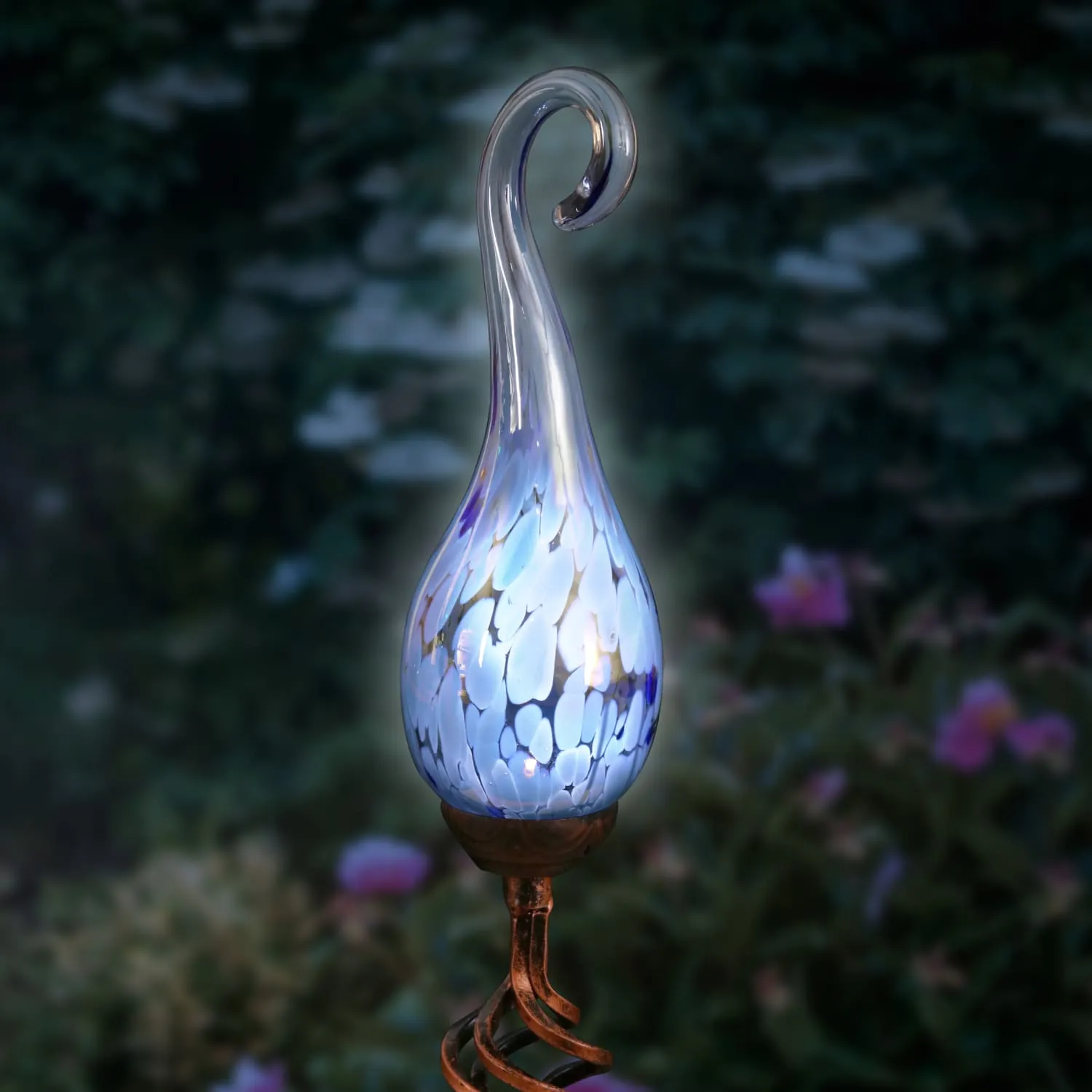 Solar Pearlized Glass Spiral Flame Garden Stake with Metal Finial Detail in Light Blue, 36 Inch