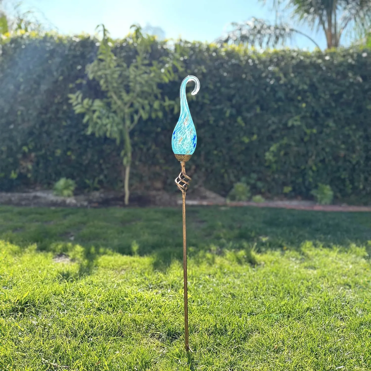 Solar Pearlized Glass Spiral Flame Garden Stake with Metal Finial Detail in Light Blue, 36 Inch