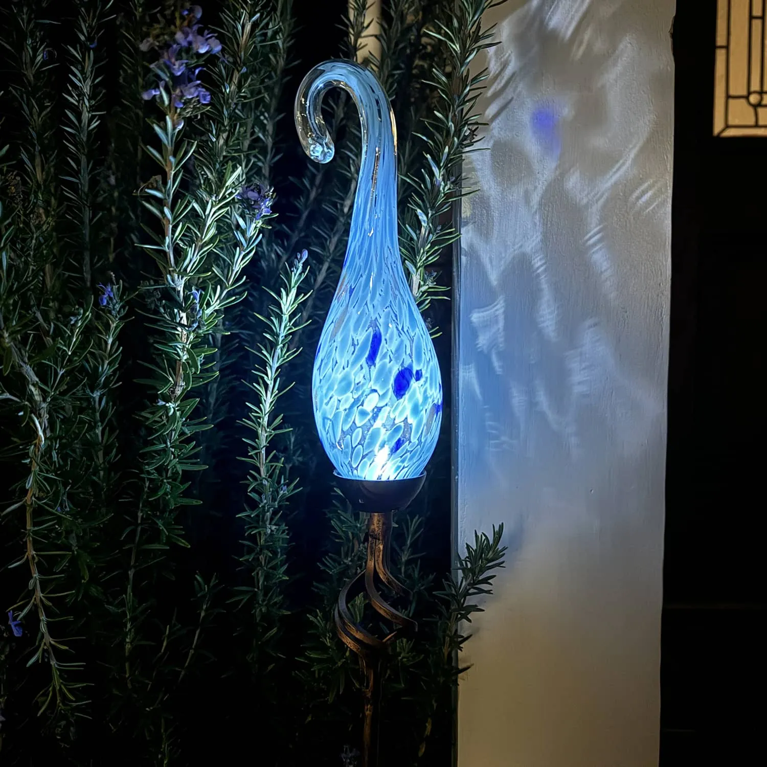 Solar Pearlized Glass Spiral Flame Garden Stake with Metal Finial Detail in Light Blue, 36 Inch