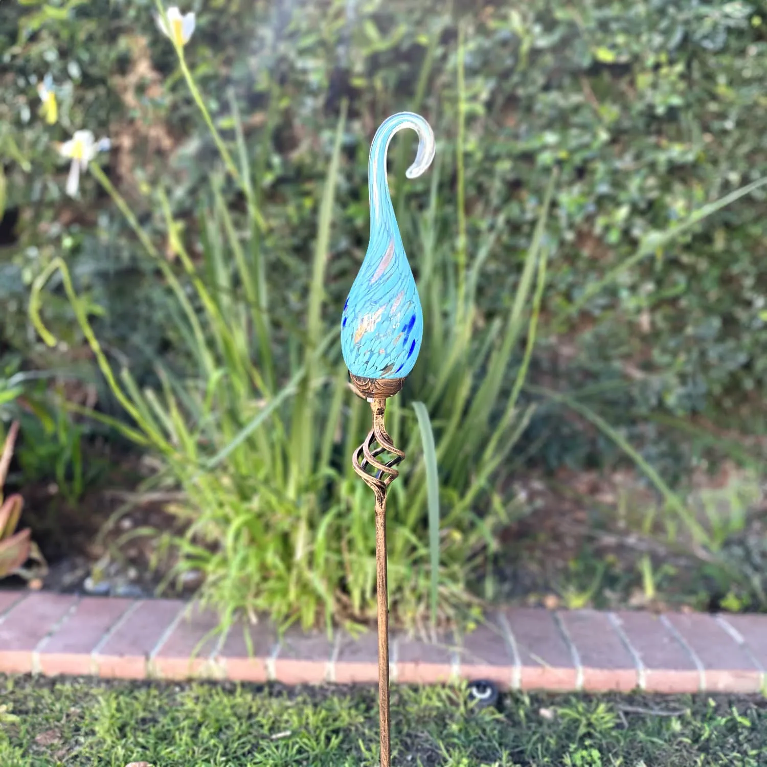 Solar Pearlized Glass Spiral Flame Garden Stake with Metal Finial Detail in Light Blue, 36 Inch