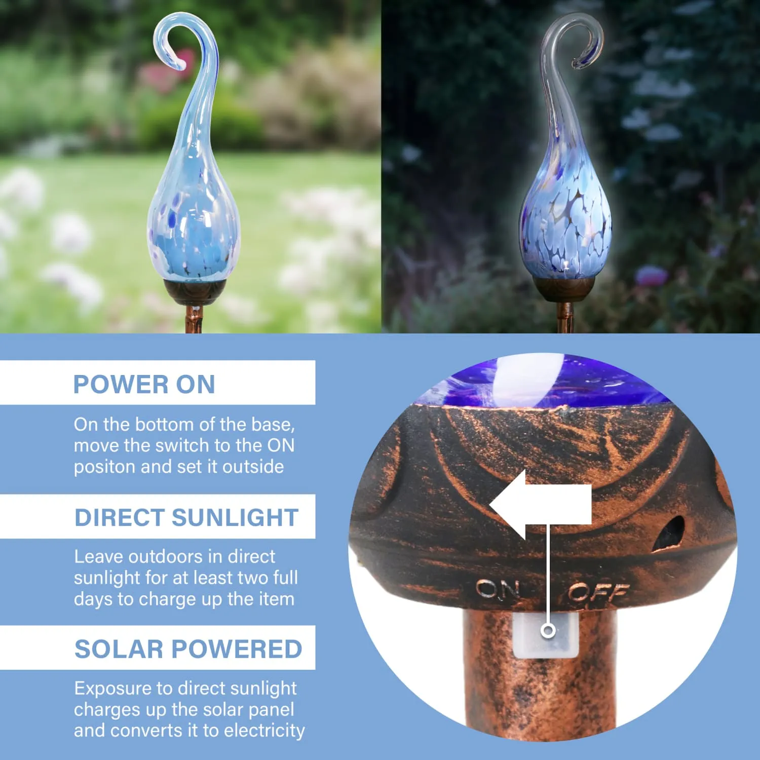 Solar Pearlized Glass Spiral Flame Garden Stake with Metal Finial Detail in Light Blue, 36 Inch