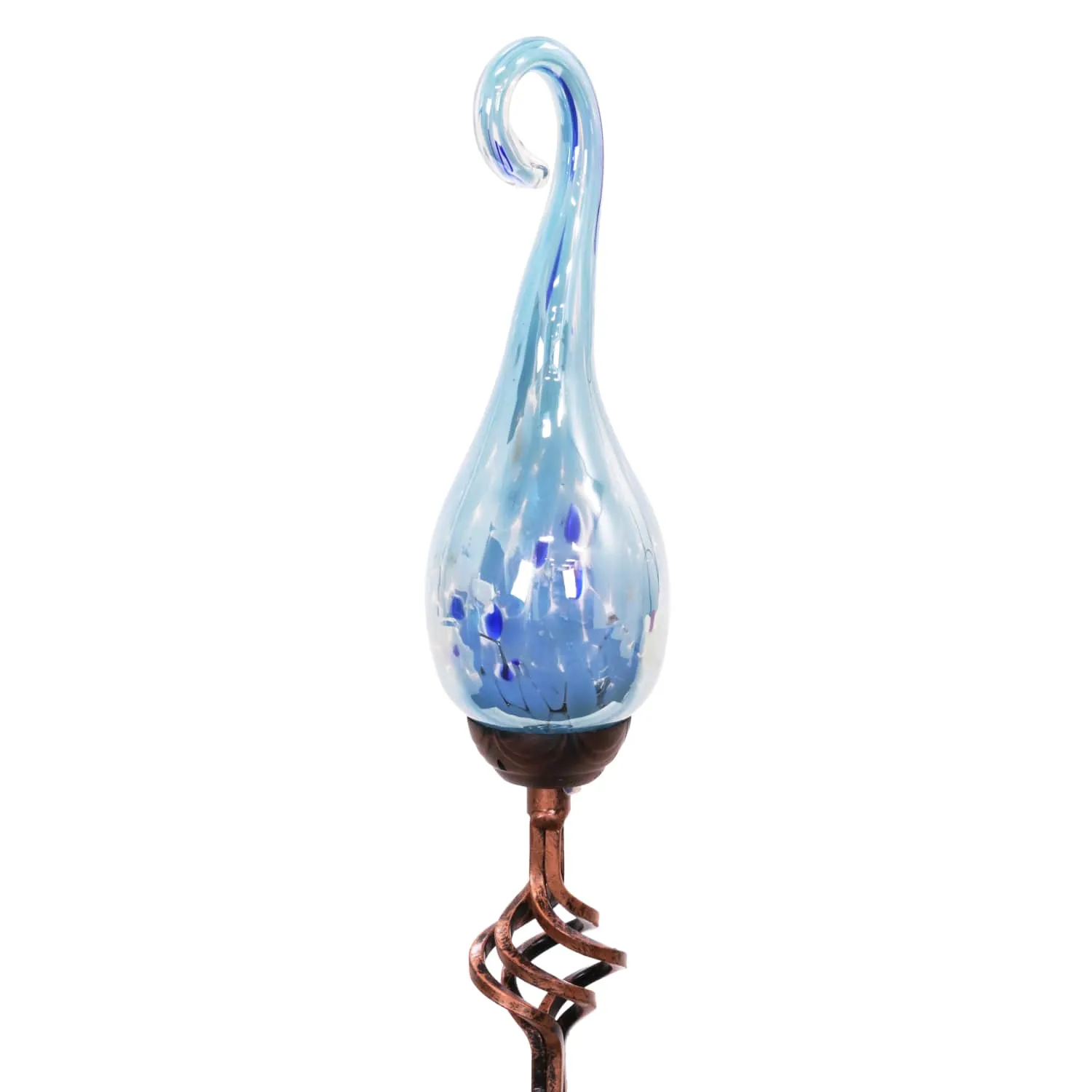 Solar Pearlized Glass Spiral Flame Garden Stake with Metal Finial Detail in Light Blue, 36 Inch