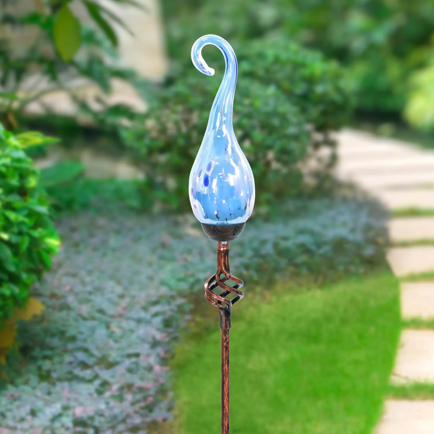 Solar Pearlized Glass Spiral Flame Garden Stake with Metal Finial Detail in Light Blue, 36 Inch