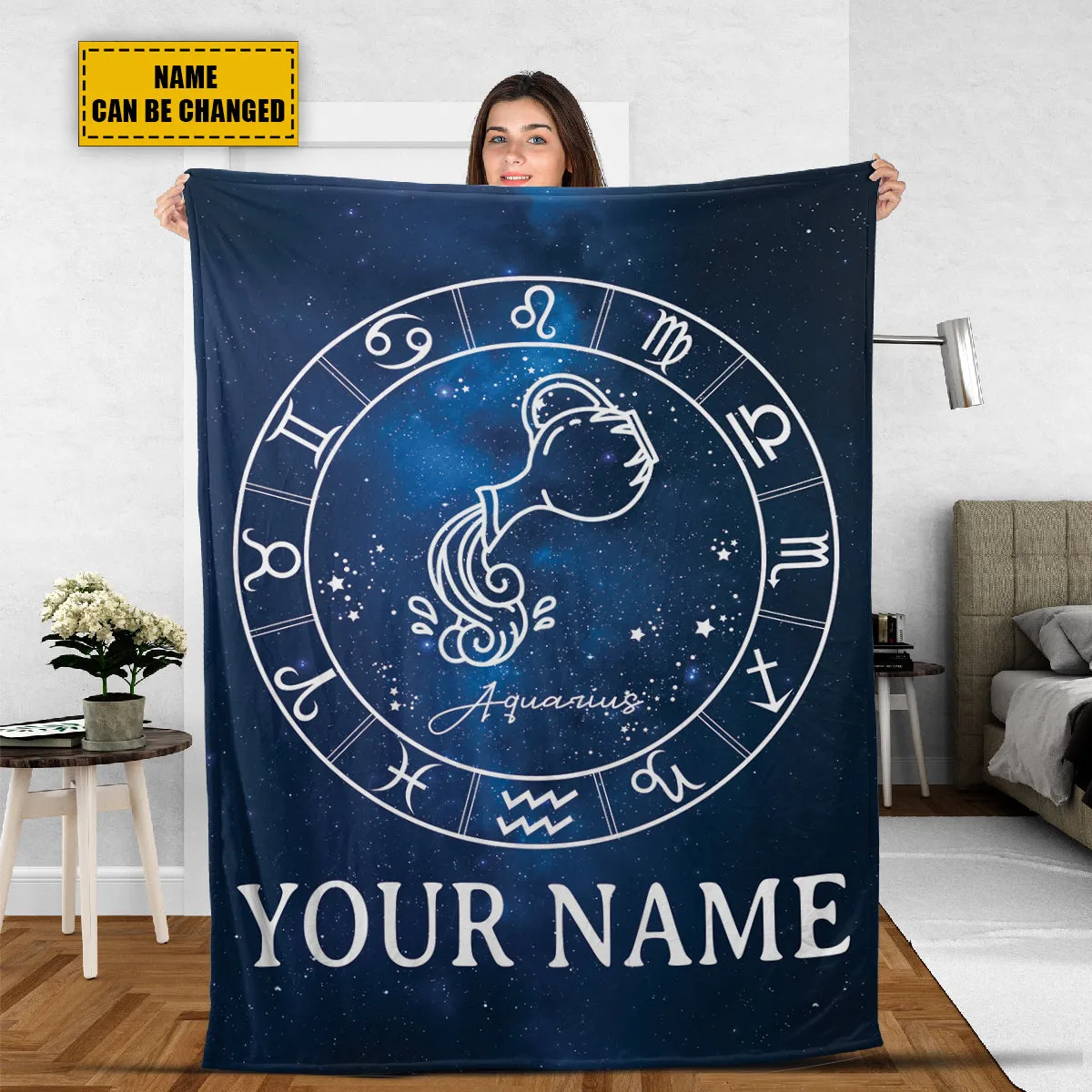 Teesdily | Aquarius Personalized Fleece Blanket With Name Horoscope Design Sherpa Blanket Zodiac Sign Constellation Astrology Adult Kid Birthday Gifts