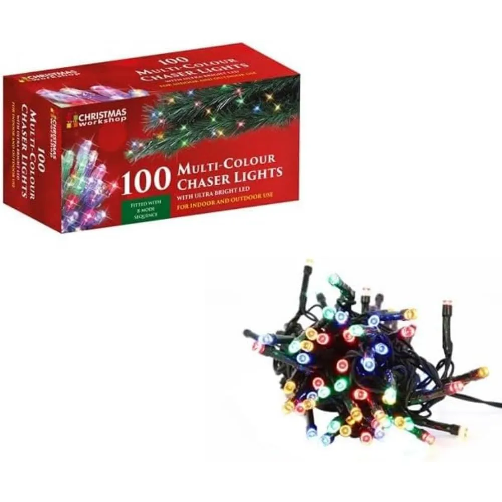 The Christmas Workshop 77270 100 Multi-Coloured LED Chaser Christmas Lights / Indoor or Outdoor Fairy Lights / 6.9 Metres / 8 Light Modes / Great For Christmas, Weddings & Gardens