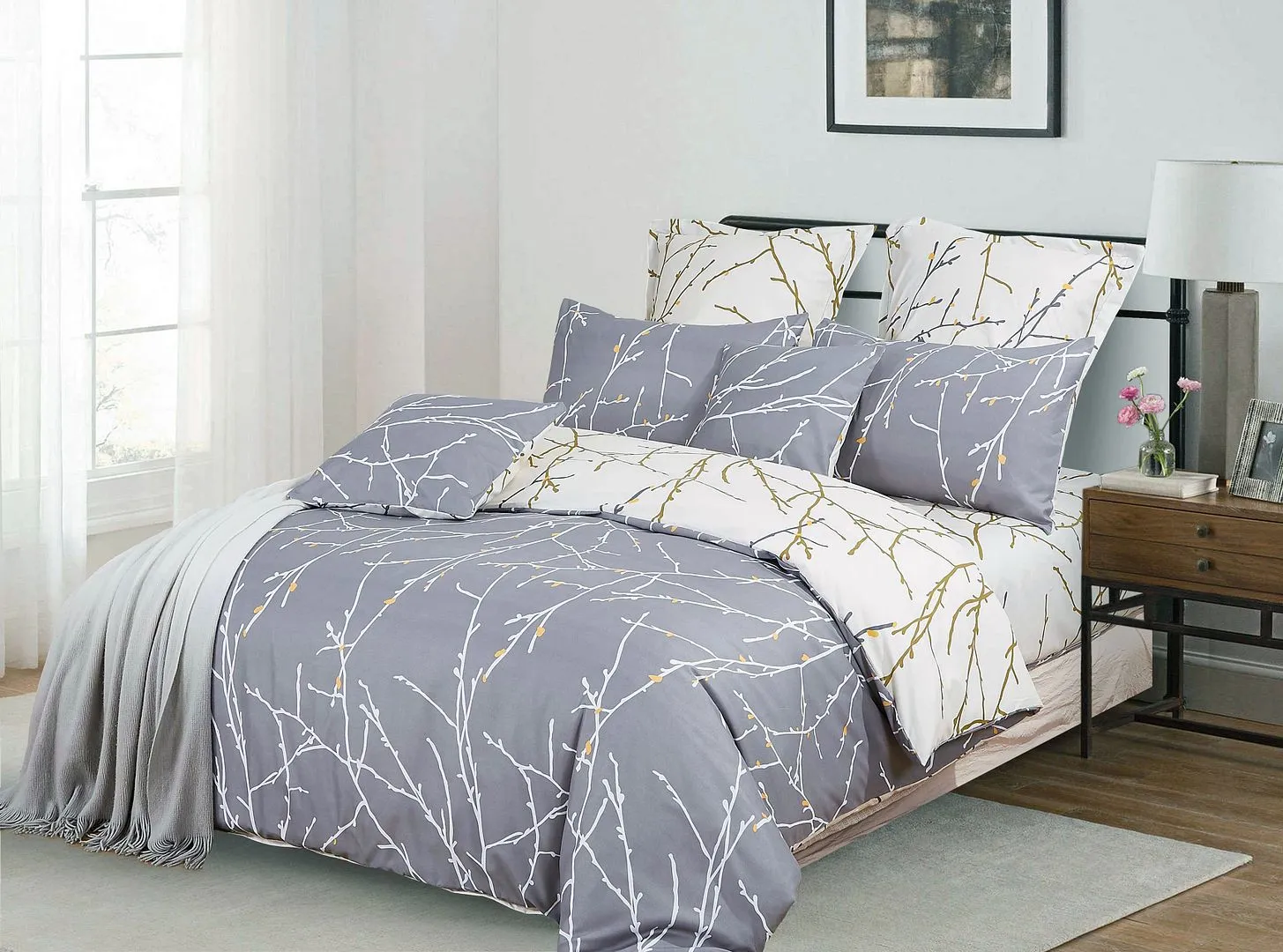 Tree Reversible Queen Size Grey Duvet Doona Quilt Cover Set