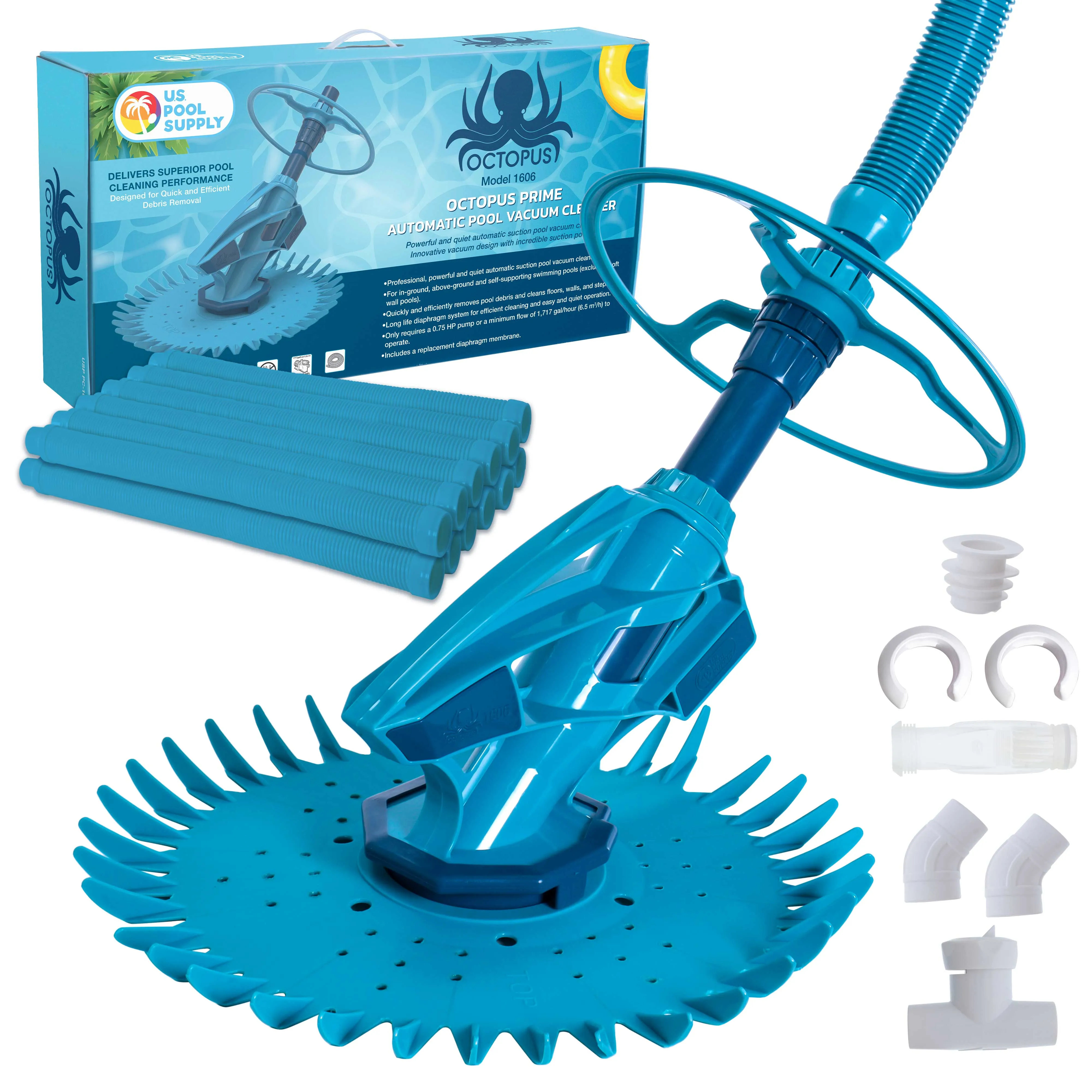 U.S. Pool Supply Octopus Prime Automatic Pool Vacuum Cleaner & Hose Set - Powerful Suction that Removes Swimming Pool Debris, Clean Floors Walls Steps