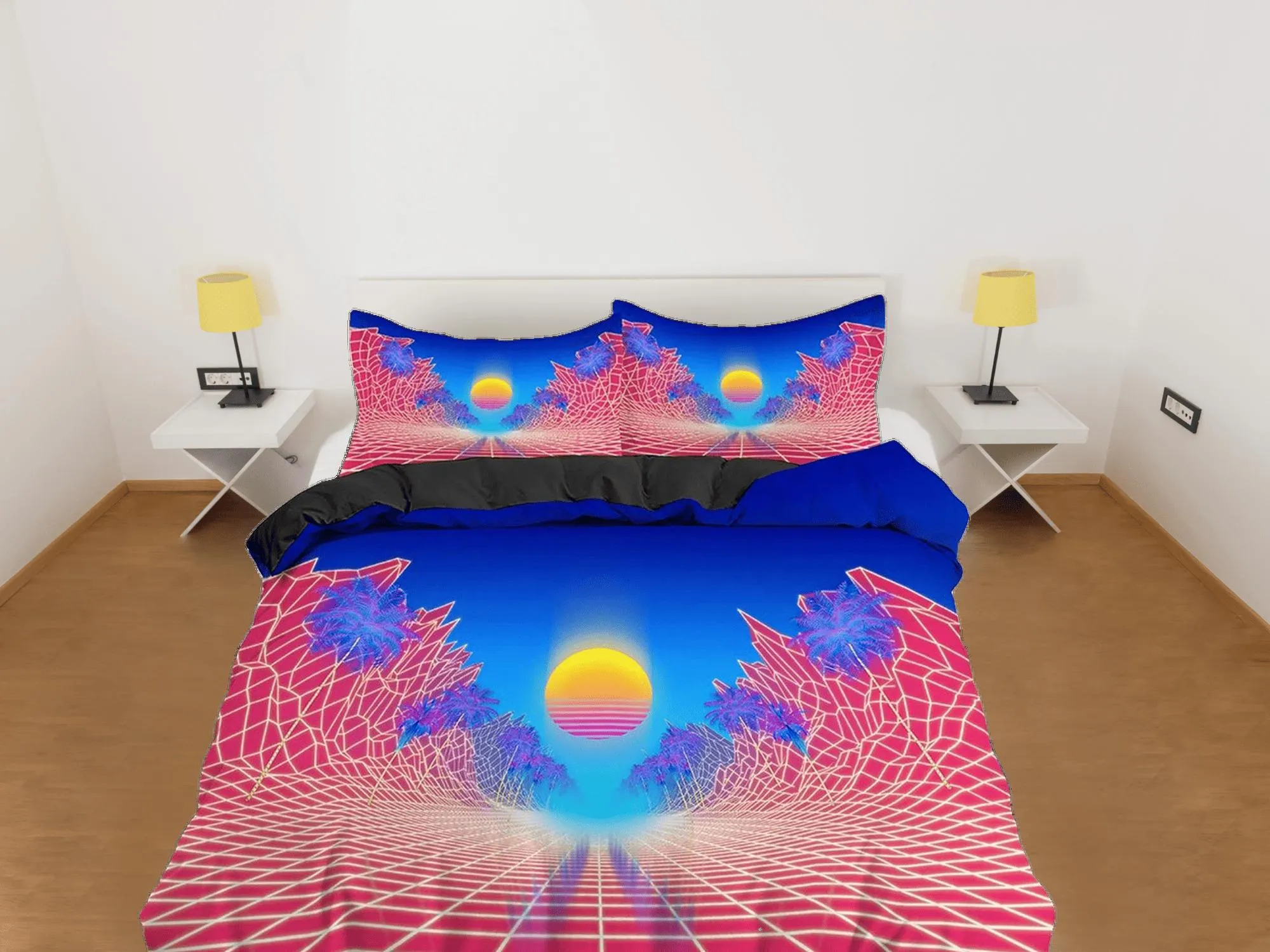 Vaporwave Sun in Pink and Blue Bedding, Cool Hippie Geometric Duvet Cover Set, Trippy Psychedelic Bed Cover, 90s Nostalgia Home Decor