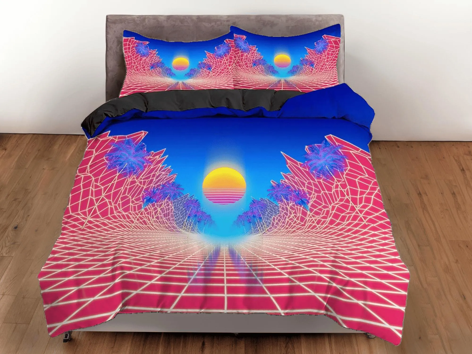 Vaporwave Sun in Pink and Blue Bedding, Cool Hippie Geometric Duvet Cover Set, Trippy Psychedelic Bed Cover, 90s Nostalgia Home Decor