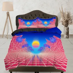 Vaporwave Sun in Pink and Blue Bedding, Cool Hippie Geometric Duvet Cover Set, Trippy Psychedelic Bed Cover, 90s Nostalgia Home Decor