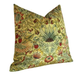 Yellow William Morris "Strawberry Thief" Velvet Pillow Cover